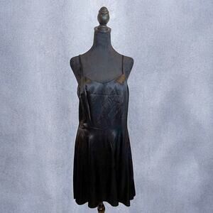 Vintage 90s Maurice’s Black Satin Strappy Sleeve Mini Slip Dress Size 13 Juniors
